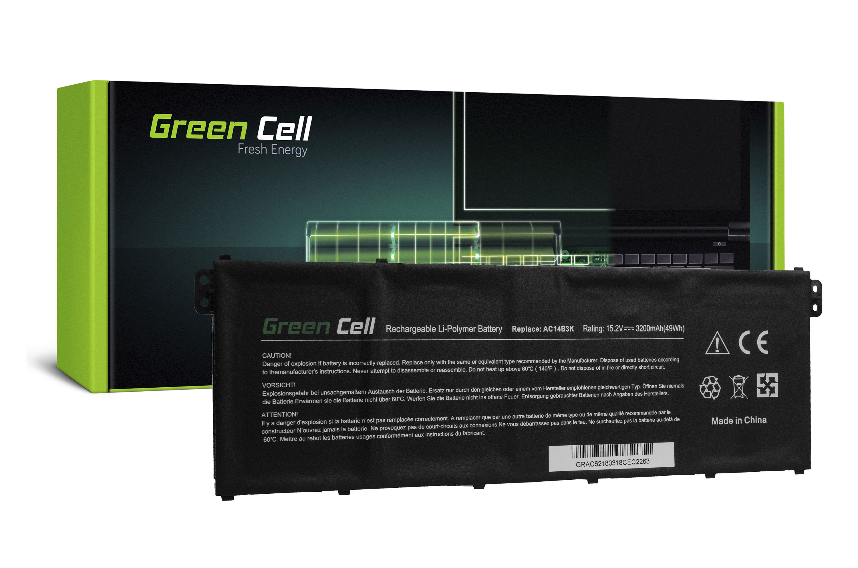 Green Cell AC62 Baterie Acer AC14B13J/AC14B18J/AC14B3K/AC14B8K/AC14B13K/AC14B18K 3000mAh Li-Pol