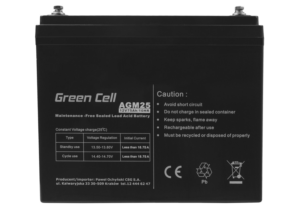 Green Cell AGM Baterie 12V 75Ah - bezúdržbová baterie pro lodě a fotovoltaické instalace
