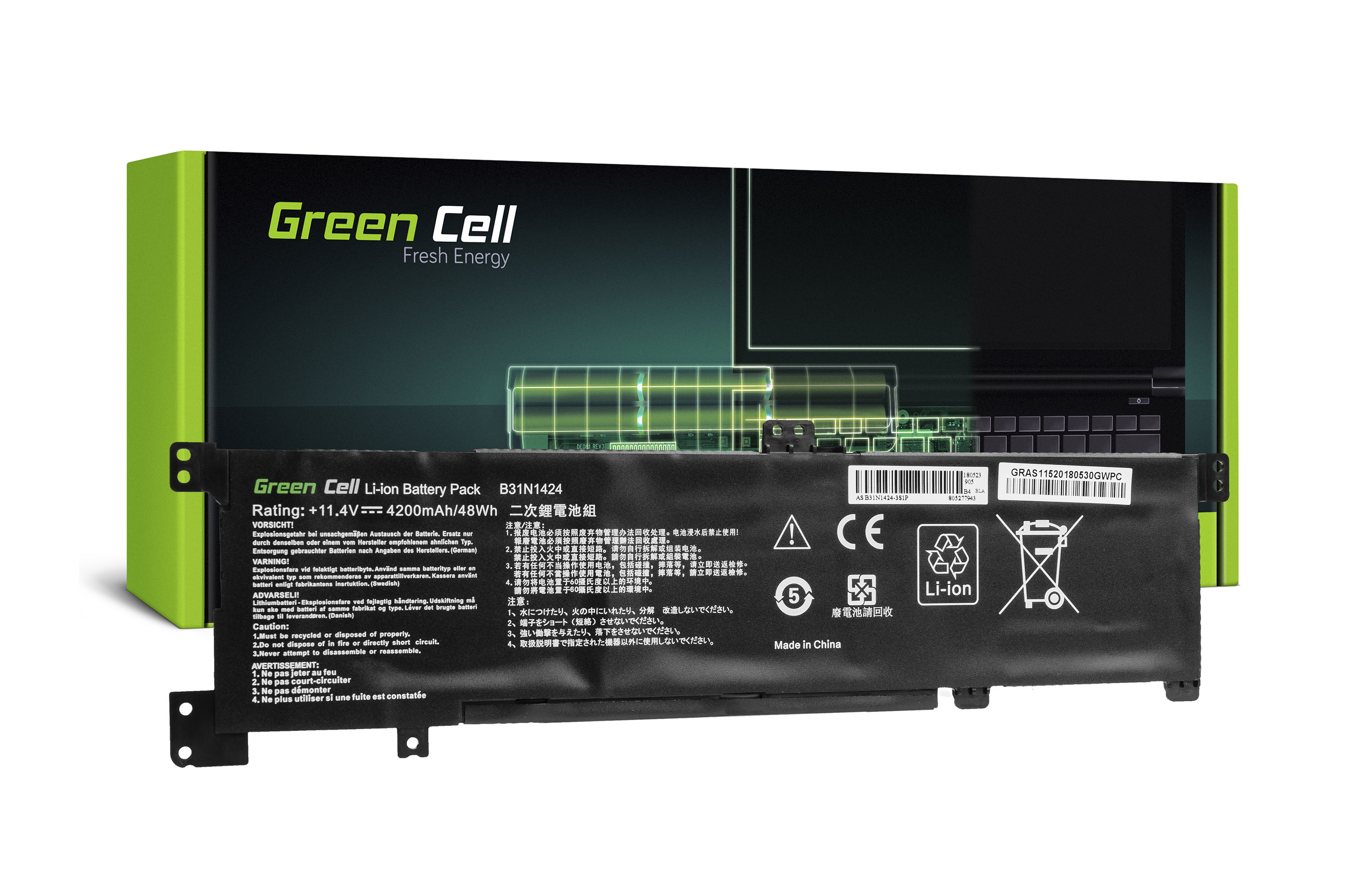 Green Cell AS123 Baterie Asus B31N1424/Asus K401/K401L/K401LB/K401U/K401UB/K401UQ1 4200mAh Li-Pol