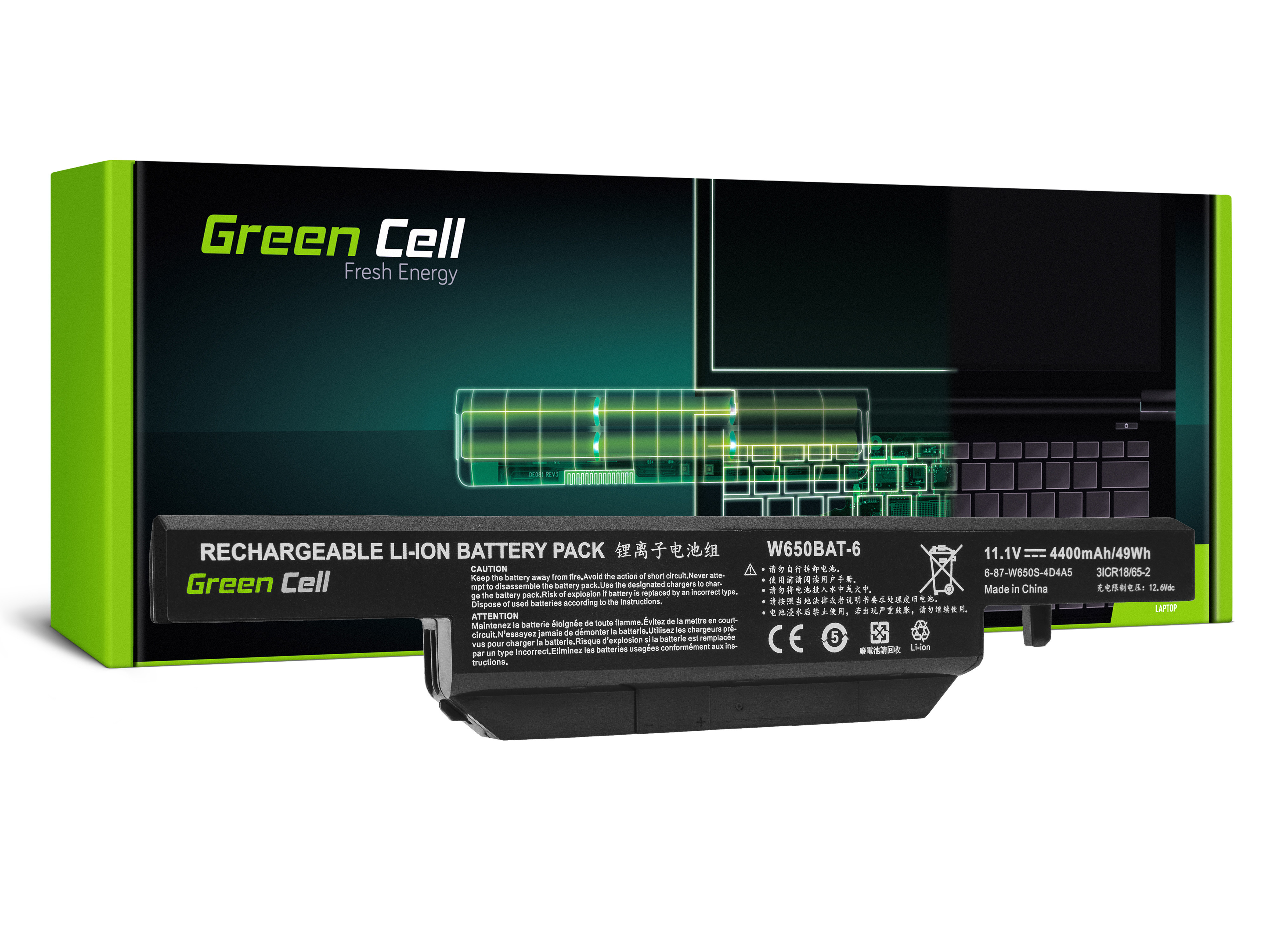 Green Cell Laptop Battery W650BAT-6 for Clevo W650 W650SC W650SF W650SH W650SJ W650SR W670 W670SJQ W670SZQ1