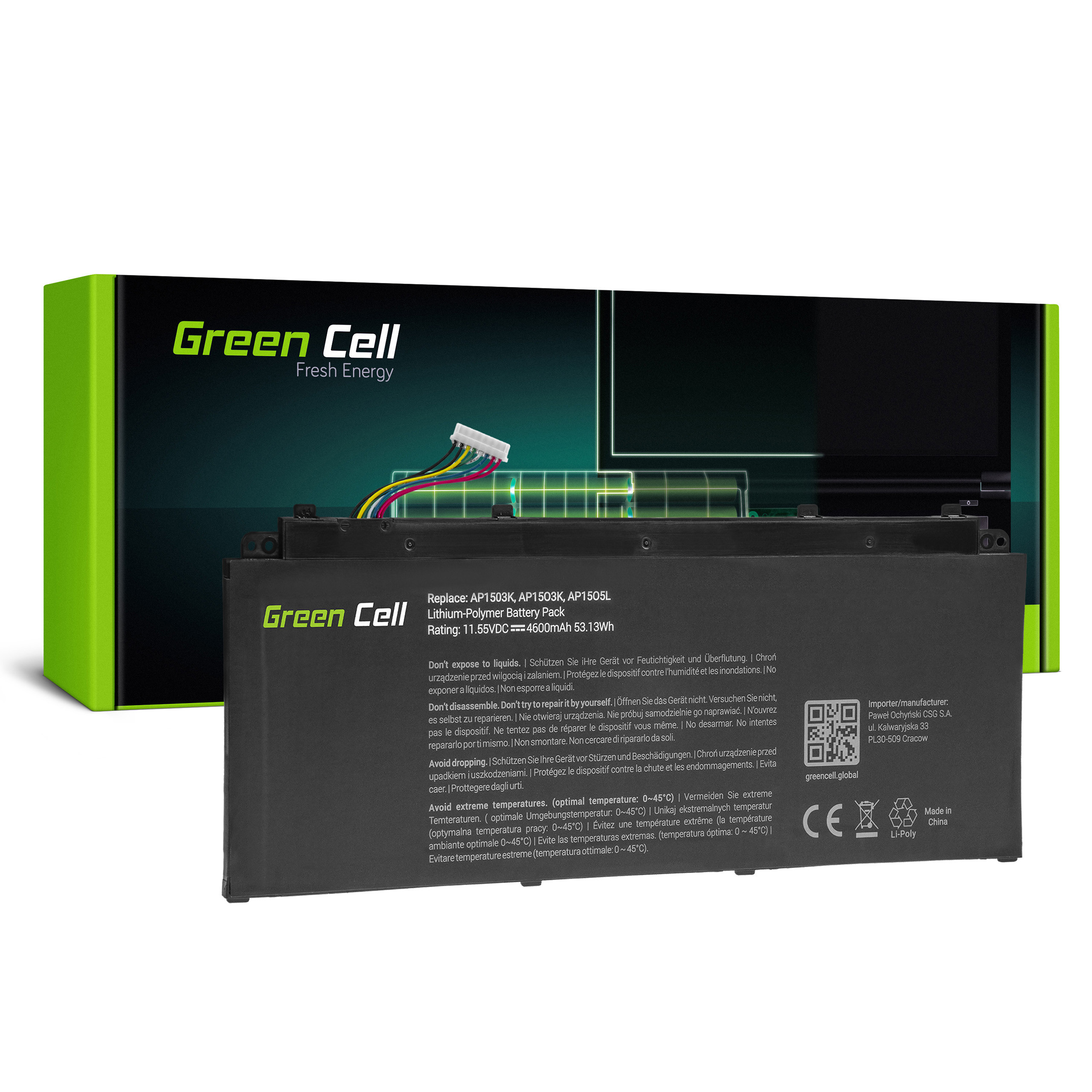 **Green Cell AC75 Baterie Acer AP15O3K AP15O5L Acer Aspire S 13 S5-371 S5-371T Swift 1 SF114-32 Swift 5 SF514-51 Chromebook R 13 4600mAh Li-Pol