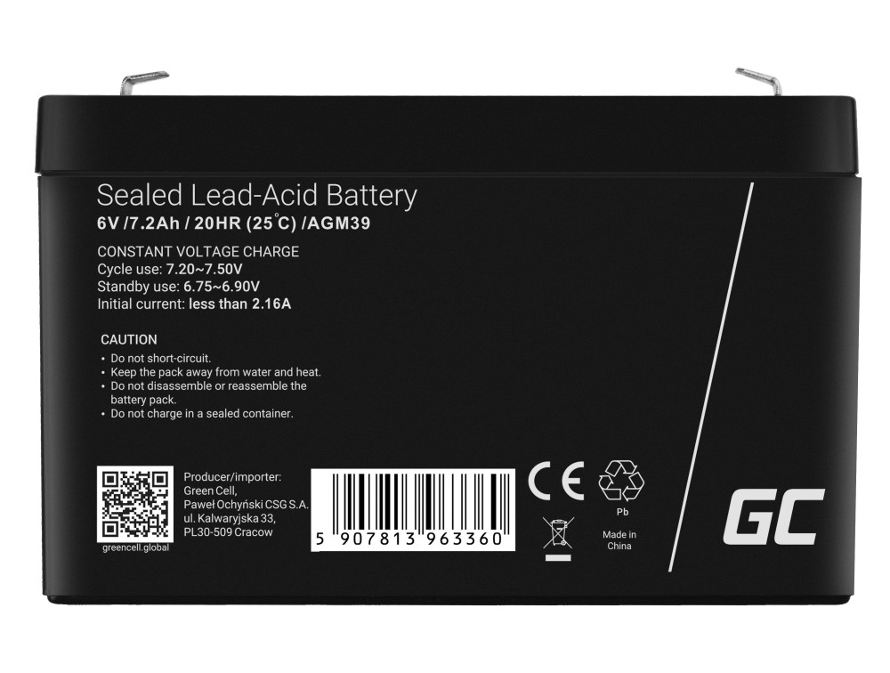 *Green Cell Bezúdržbová baterie AGM VRLA Green Cell 6V 7,2 Ah pro poplašné systémy a hračky