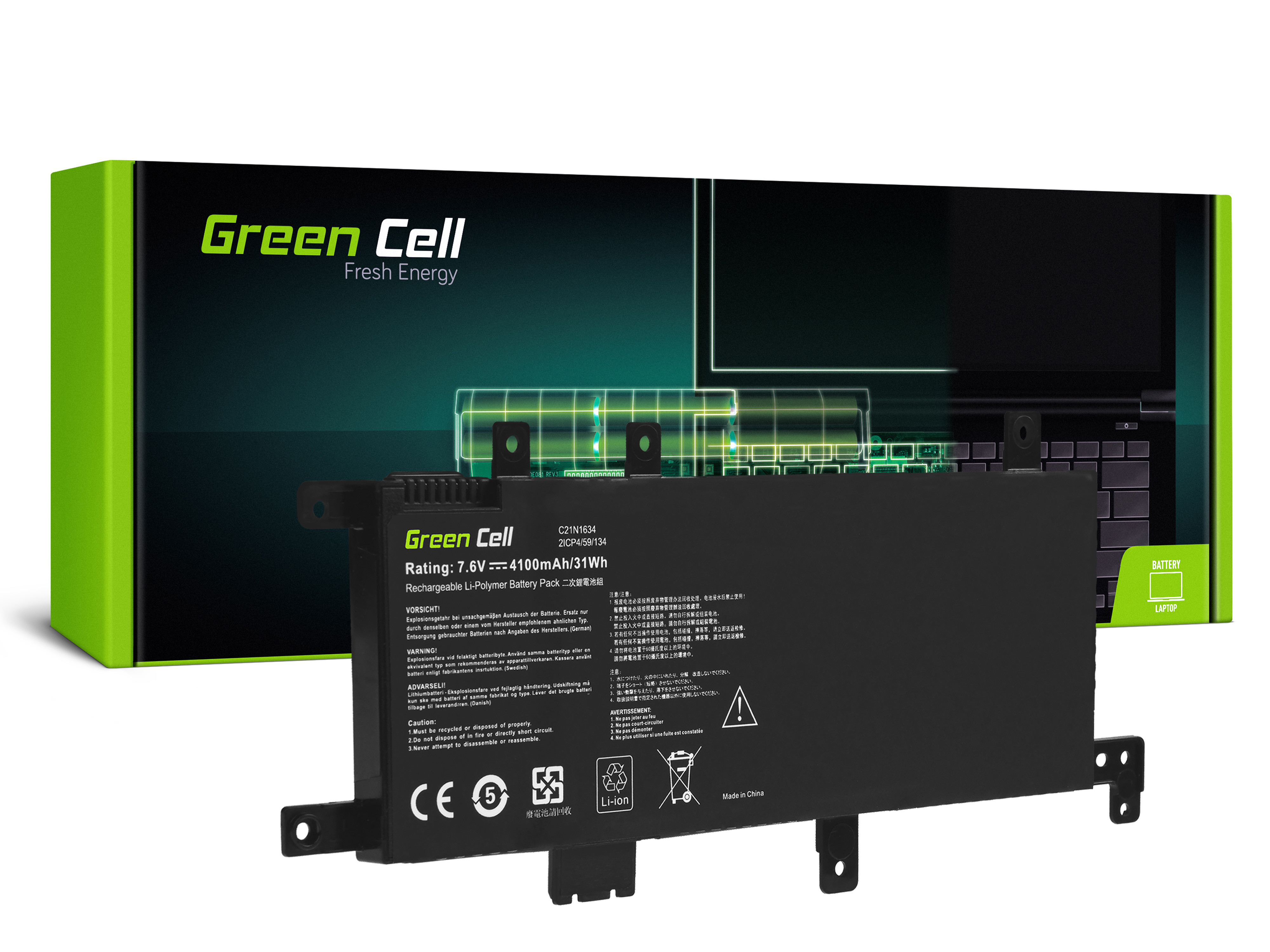 Green Cell AS160 Baterie Asus C21N1634, Asus F542 F542U F542UQ VivoBook 15 R542 R542U R542UA R542UF R542UQ X542 X542U X542UA X542UF 4100mAh Li-ion