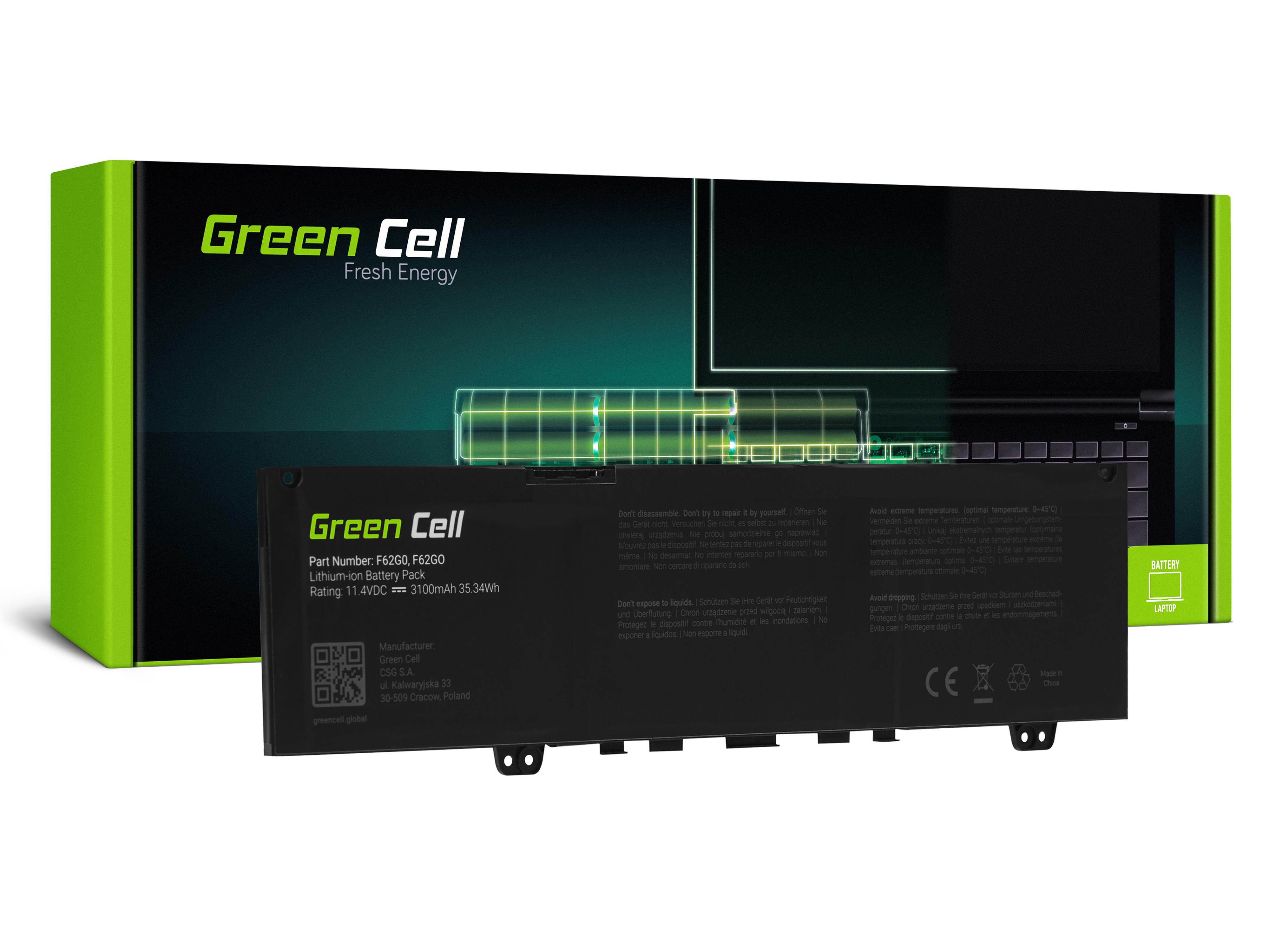 Green Cell DE144 Baterie Dell F62G0,Dell Inspiron 13 5370 7370 7373 7380 7386, Dell Vostro 5370 3100mAh Li-Pol
