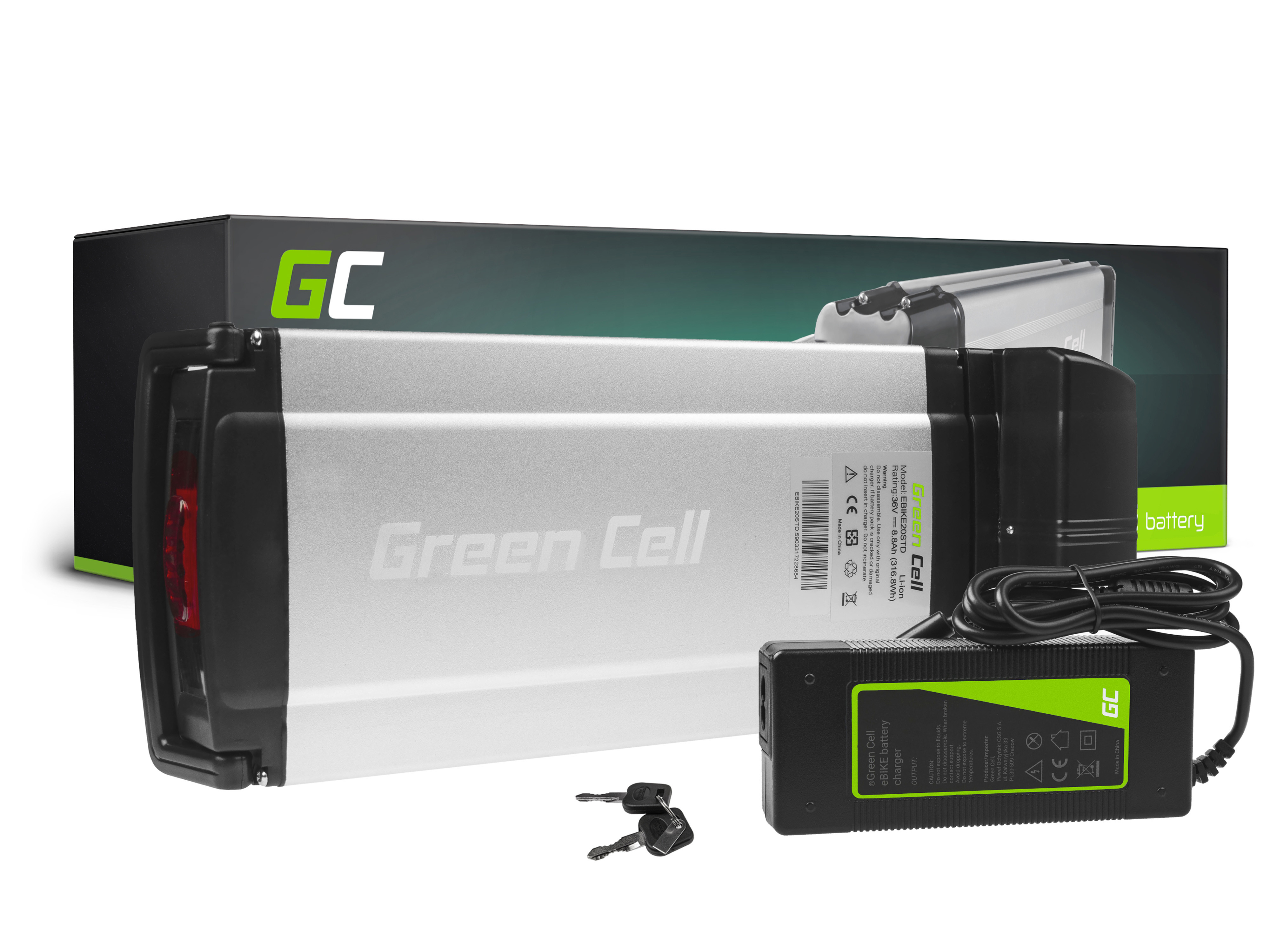 Green Cell EBIKE20STD Baterie pro Elektrokola Rear rack s Nabíječkou 36V 8Ah 288Wh Li-Ion