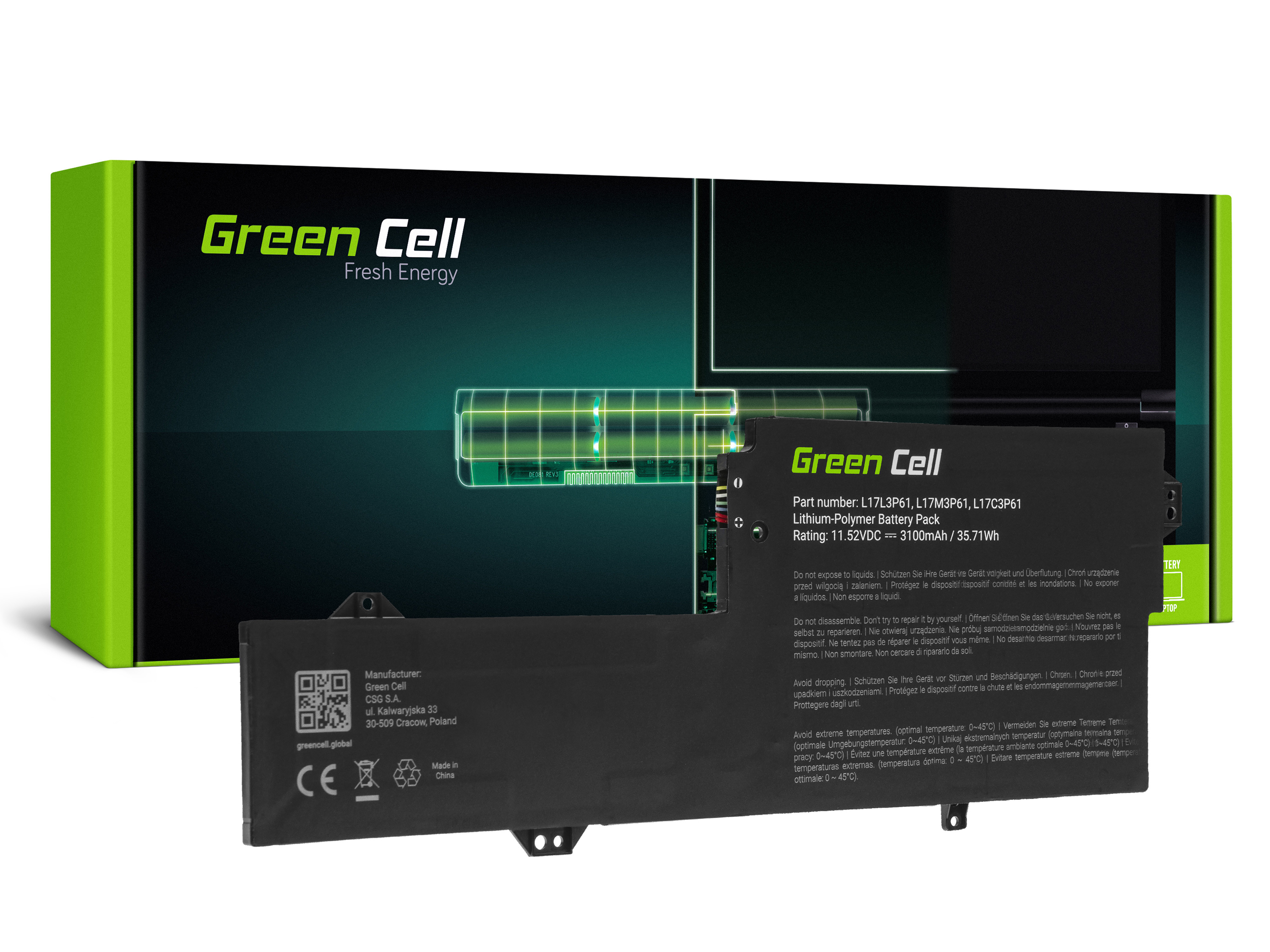 Green Cell LE154 Baterie Lenovo L17C3P61 L17L3P61 L17M3P61, Lenovo Flex 6 11 6-11IGM, IdeaPad 320s-13IKB, Yoga 330-11IGM 720-12IKB 3100mAh Li-Pol