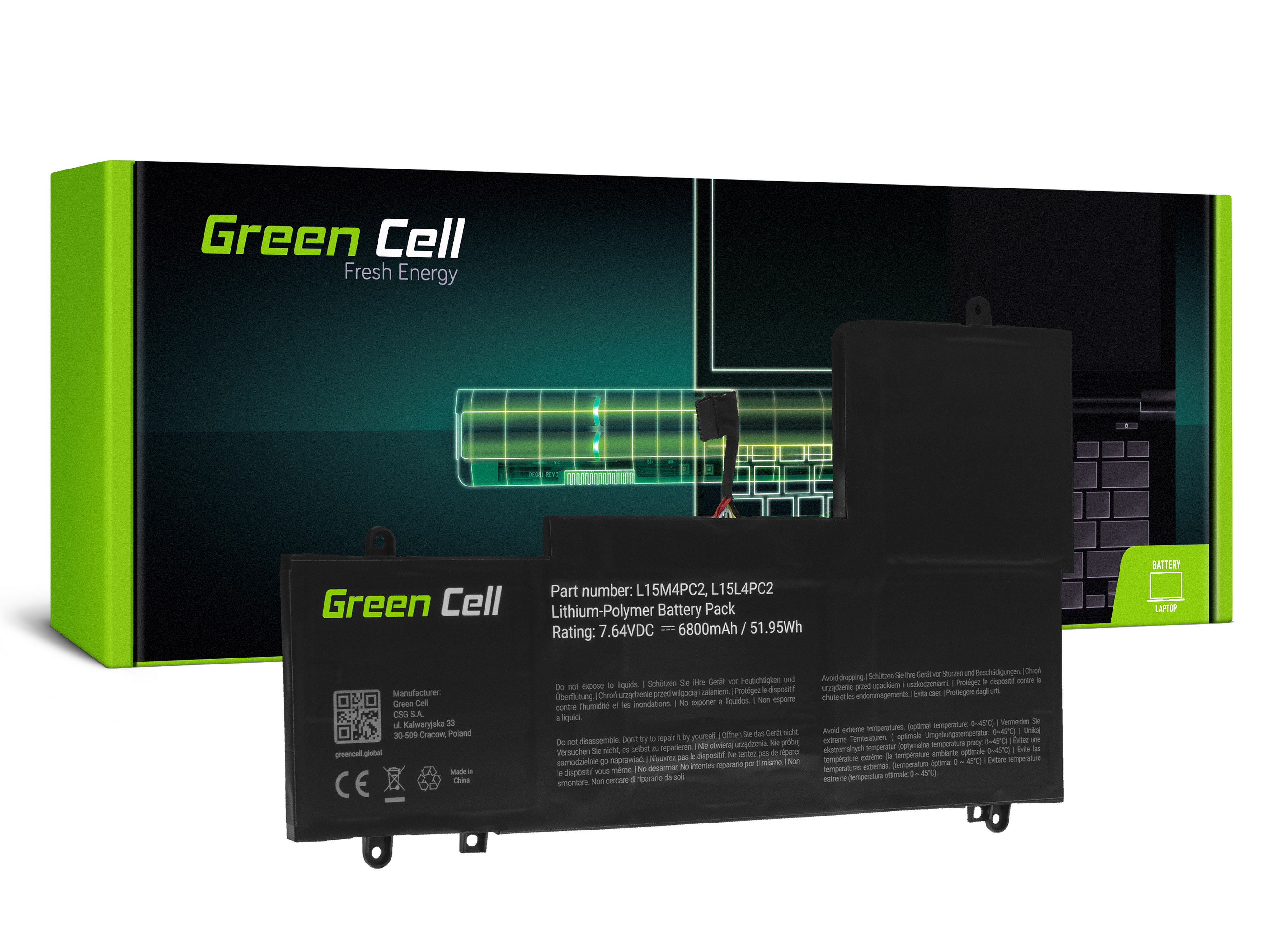 Green Cell LE155 Baterie Lenovo L15L4PC2 L15M4PC2, Lenovo Yoga 710-14 710-14IKB 710-14ISK 710-15 710-15IKB 710-15ISK 6800mAh Li-Pol