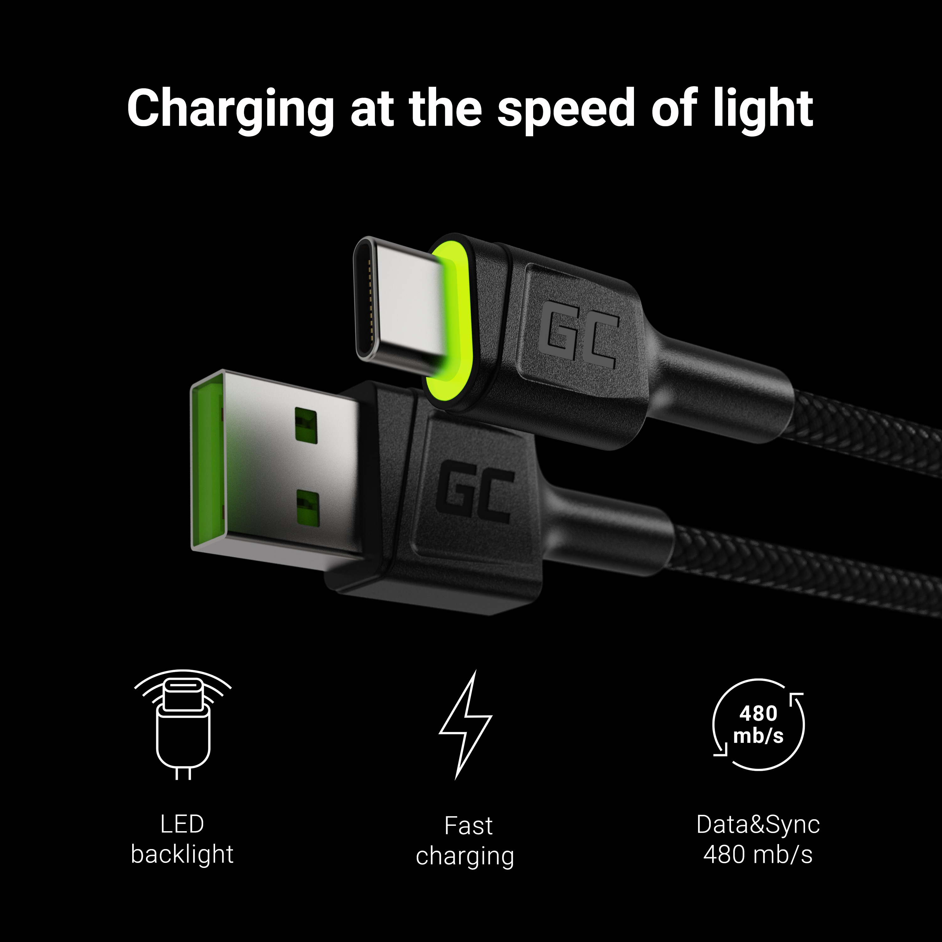 *Green Cell kabel USB - USB-C 120cm, zelené podsvícení LED, rychlé dobíjení Ultra Charge, QC 3.0