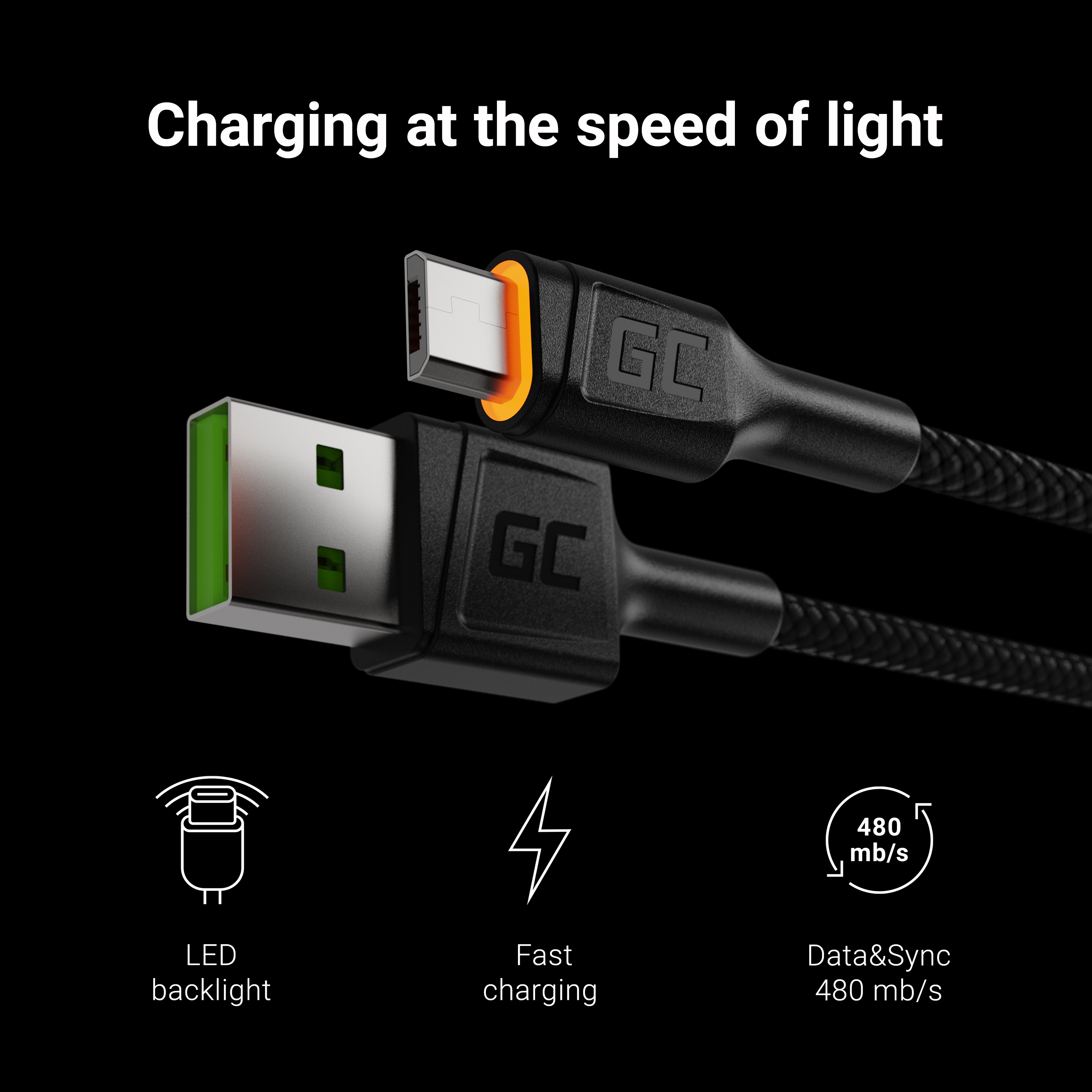 Green Cell kabel GC Ray USB - Micro USB 200cm, oranžové podsvícení LED, rychlé nabíjení Ultra Charge, QC3.0
