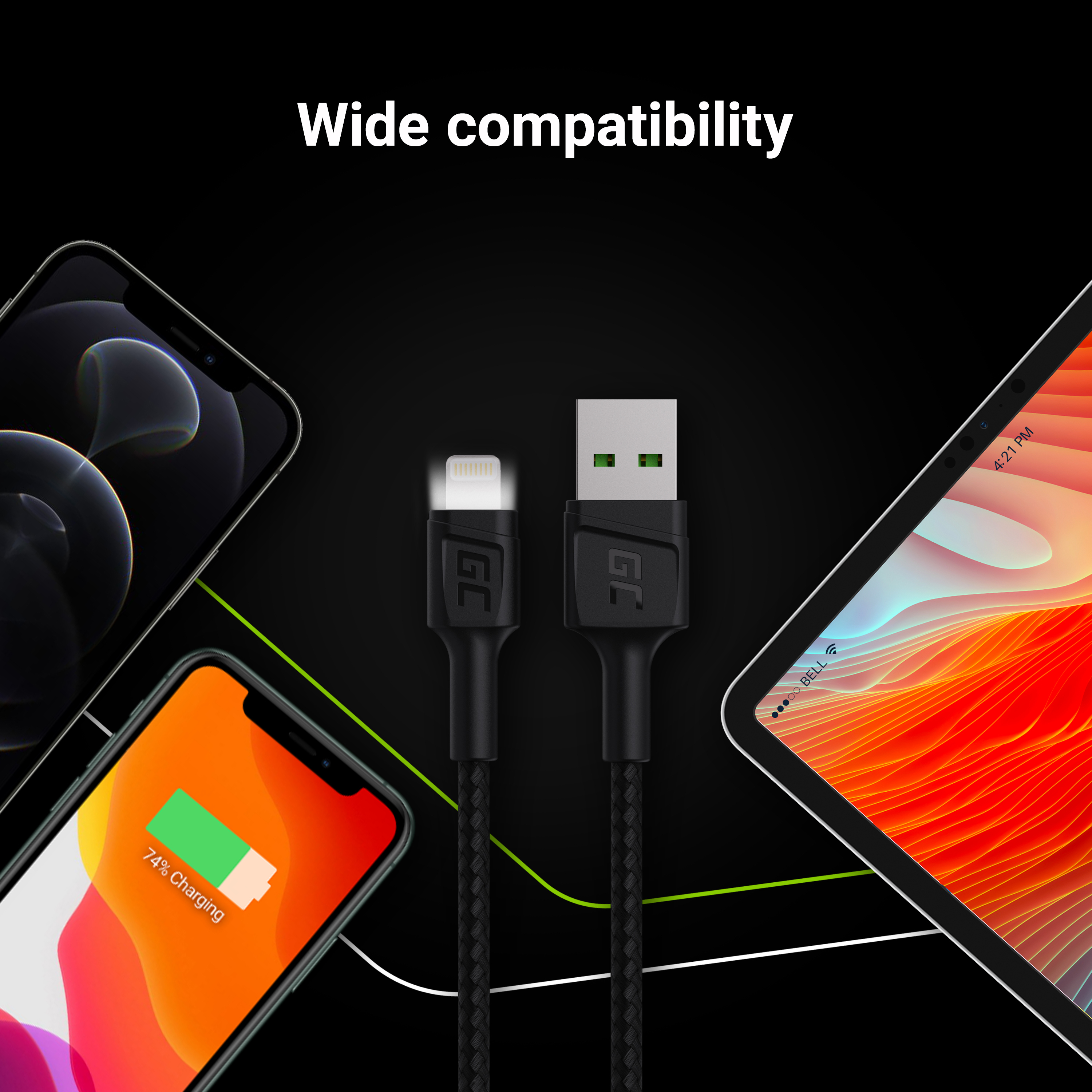 *Green Cell kabel GC Ray USB - Lightning 200cm pro iPhone, iPad, iPod, bílé podsvícení LED, rychlé nabíjení