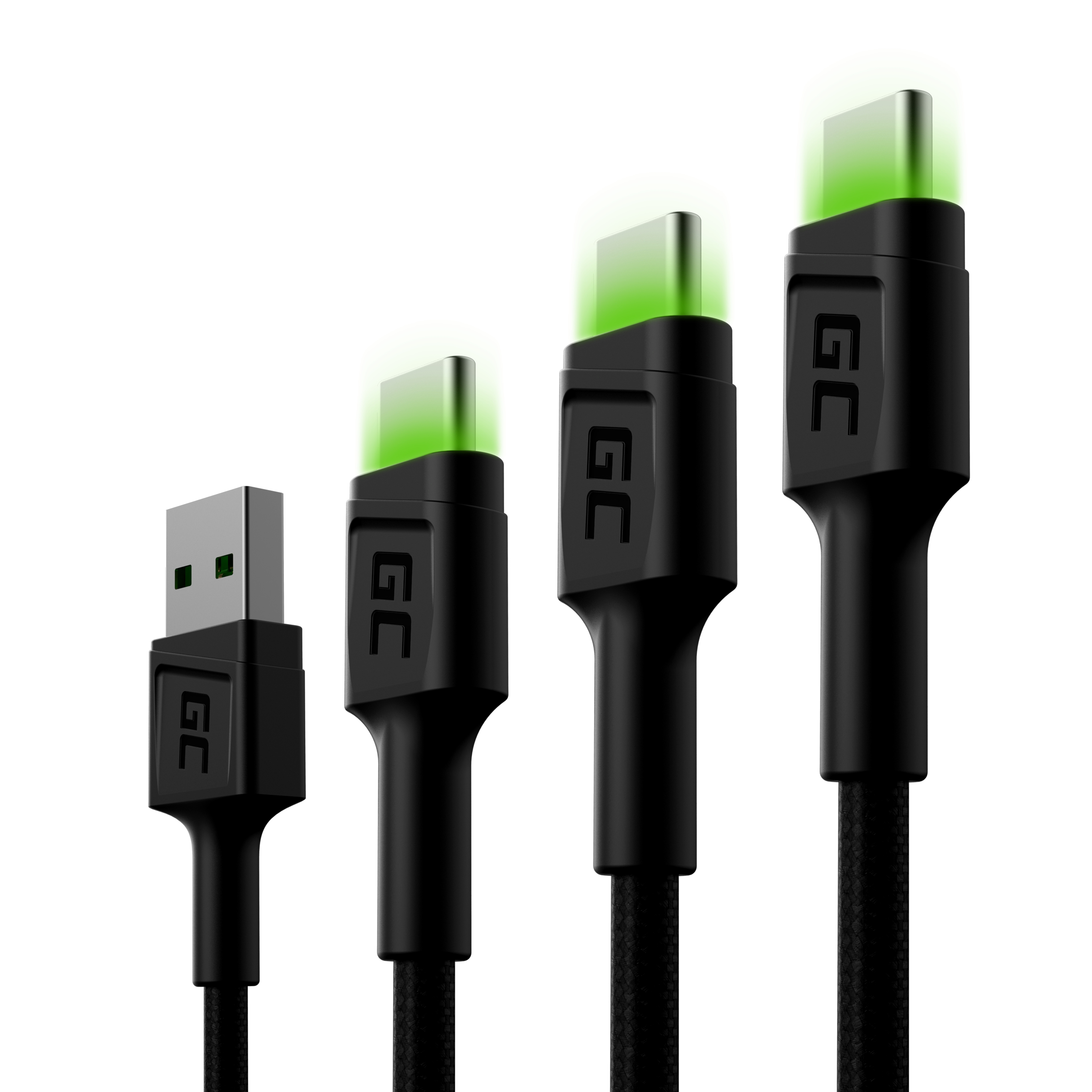 *Green Cell kabely Sestava 3ks Green Cell GC Ray USB - USB-C 30cm, 120cm, 200cm, zelené podsvícení LED, rychlé nabíjení Ultra Charge, QC 3.0