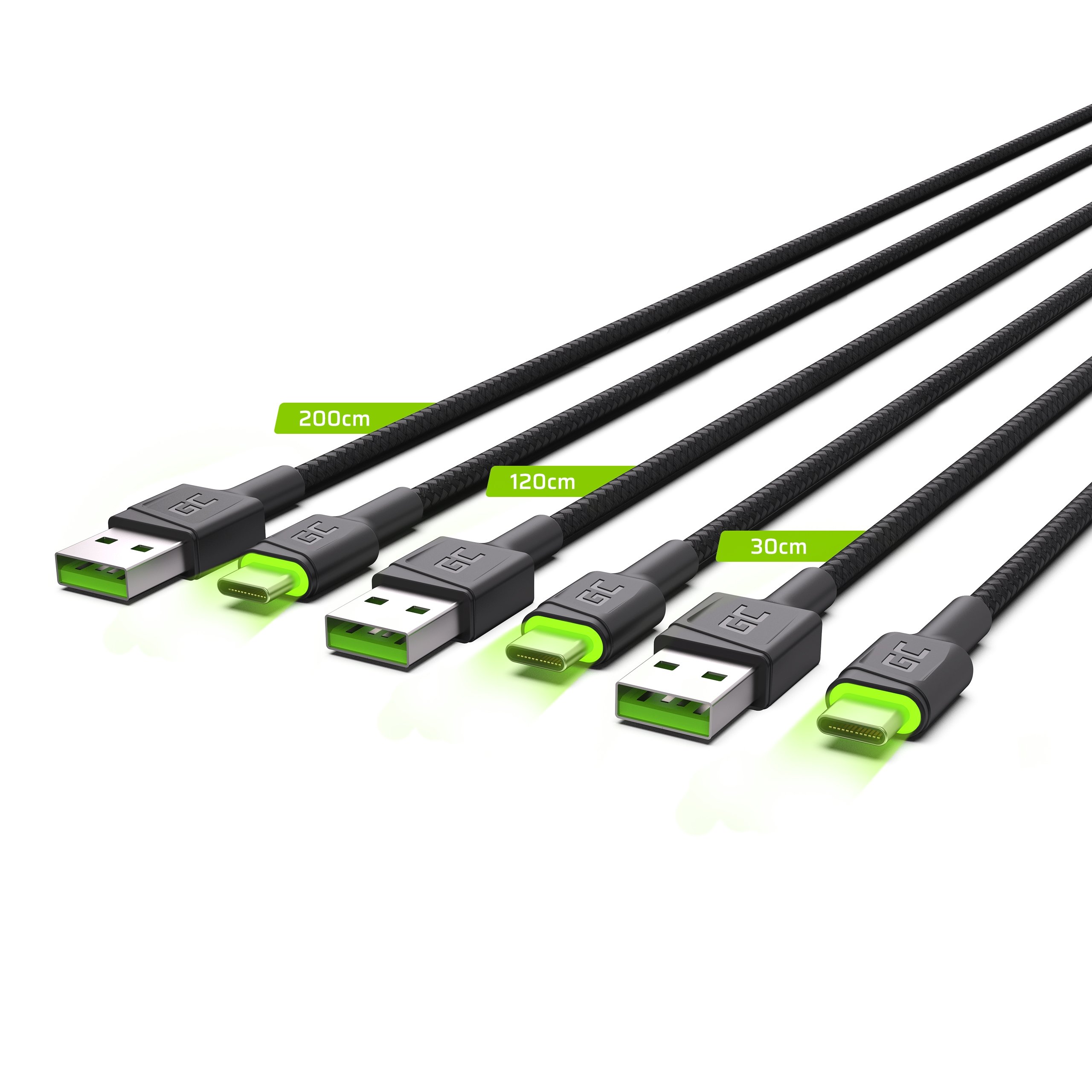 *Green Cell kabely Sestava 3ks Green Cell GC Ray USB - USB-C 30cm, 120cm, 200cm, zelené podsvícení LED, rychlé nabíjení Ultra Charge, QC 3.0