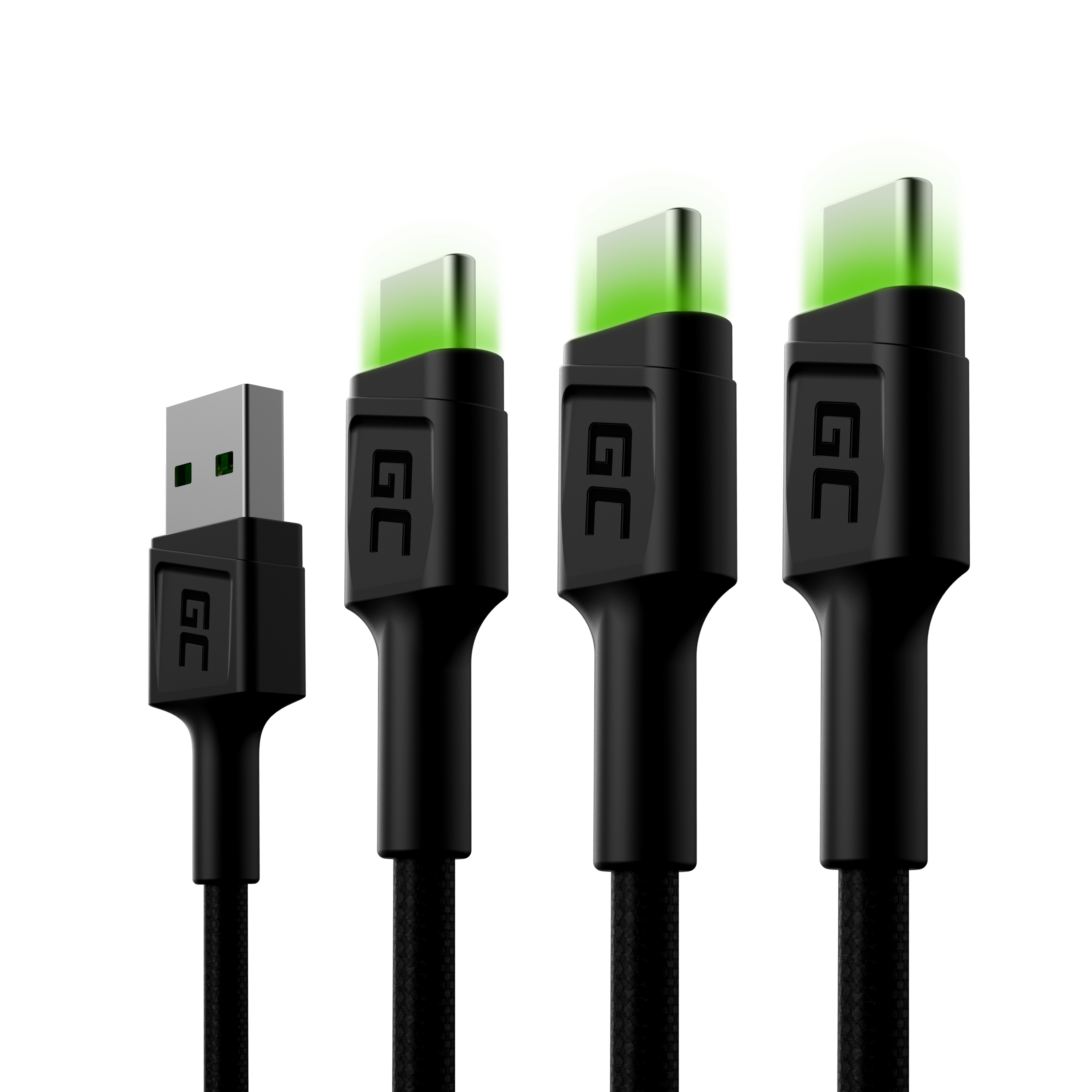 *Green Cell kabely Sestava 3ks GC Ray USB - USB-C 200cm, zelené podsvícení LED, rychlé nabíjení Ultra Charge, QC 3.0
