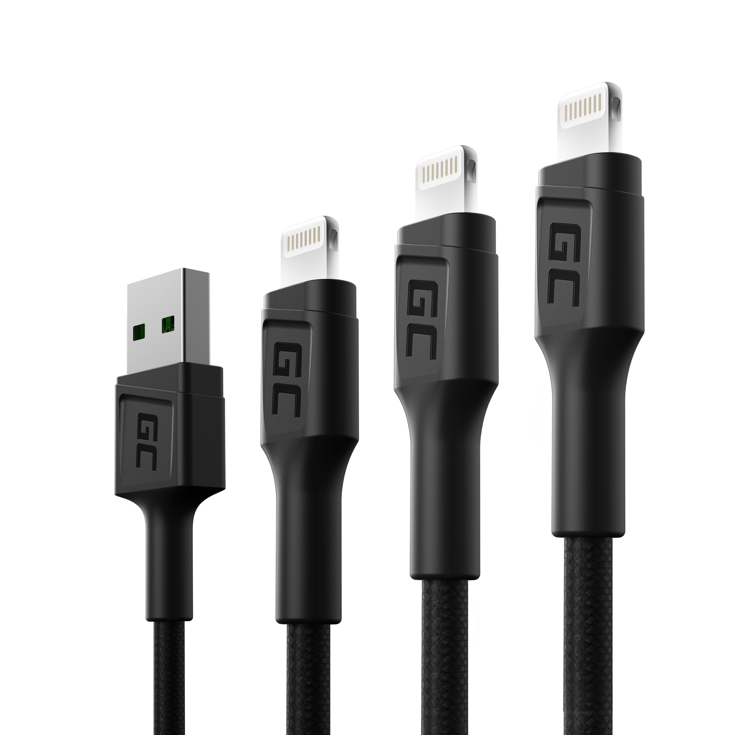 *Green Cell kabely Sestava 3ks GC Ray USB - Lightning 30cm, 120cm, 200cm pro iPhone, iPad, iPod, bílé podsvicení LED, rychlé nabíjení Apple 2.4A