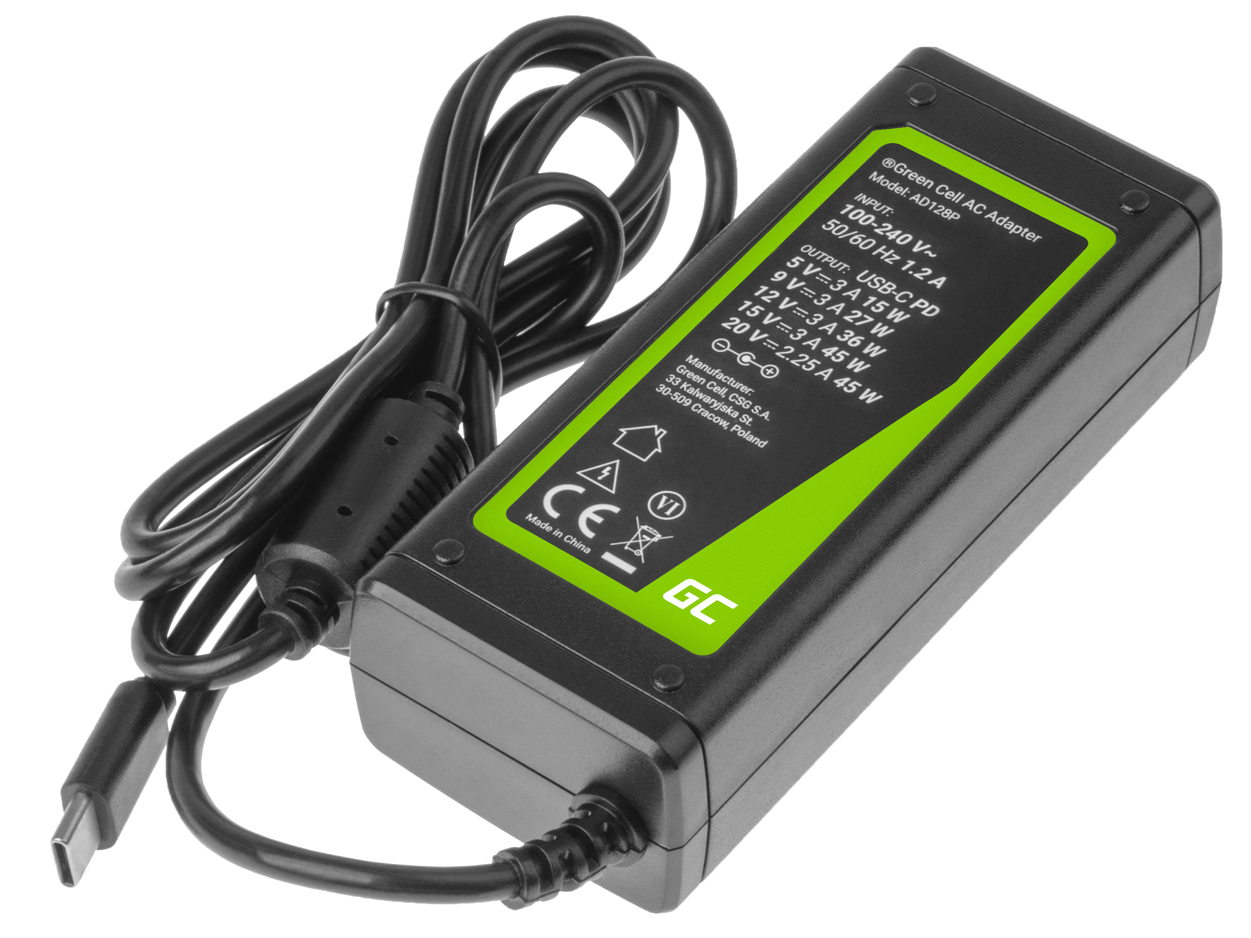 *Green Cell AD128P Nabíječka adaptér USB-C 45W pro notebooky, mobilní telefony, tablety a jiná zařizení USB-C