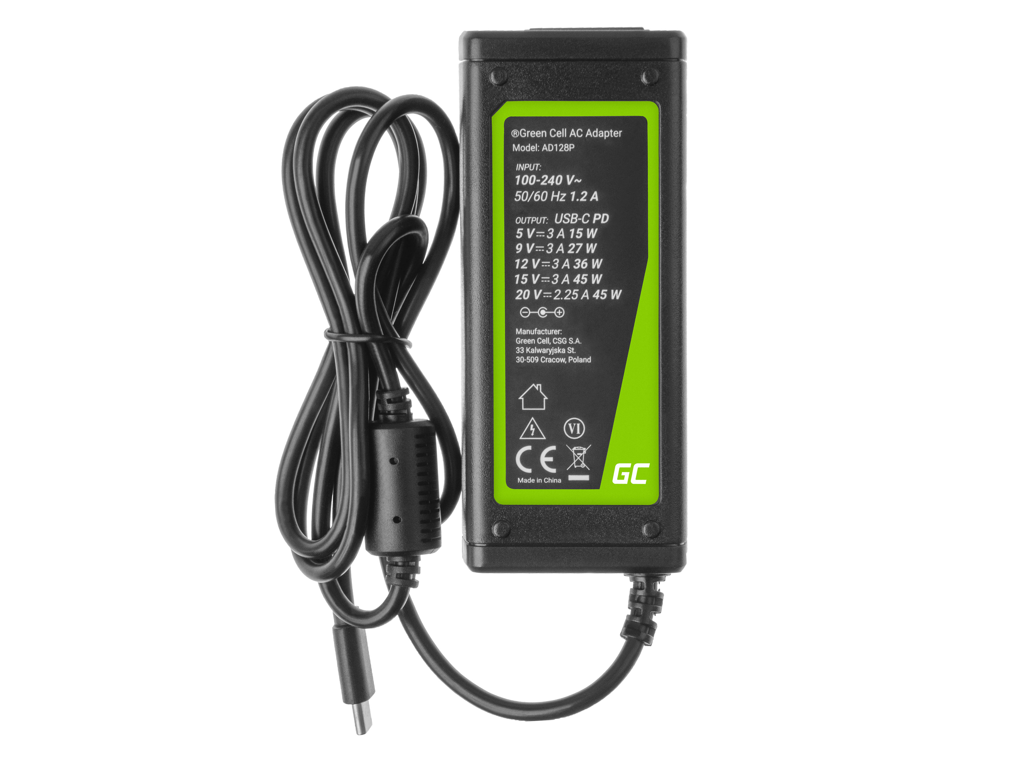 *Green Cell AD128P Nabíječka adaptér USB-C 45W pro notebooky, mobilní telefony, tablety a jiná zařizení USB-C