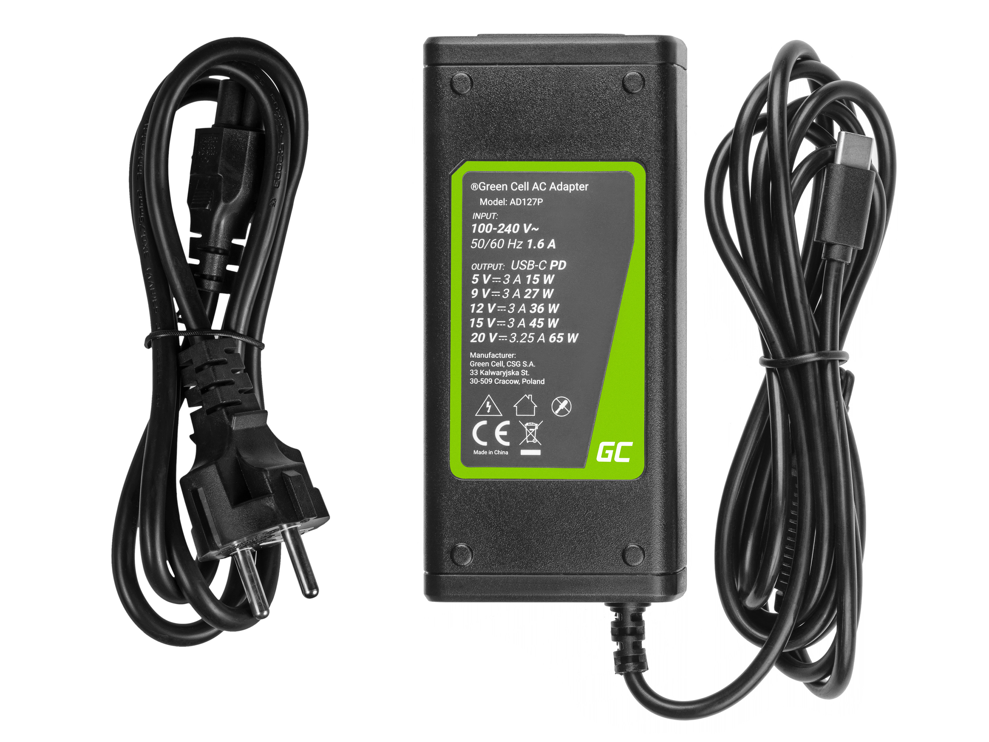 *Green Cell AD129P Nabíječka adaptér USB-C 65W pro notebooky, mobilní telefony, tablety a jiná zařizení USB-C