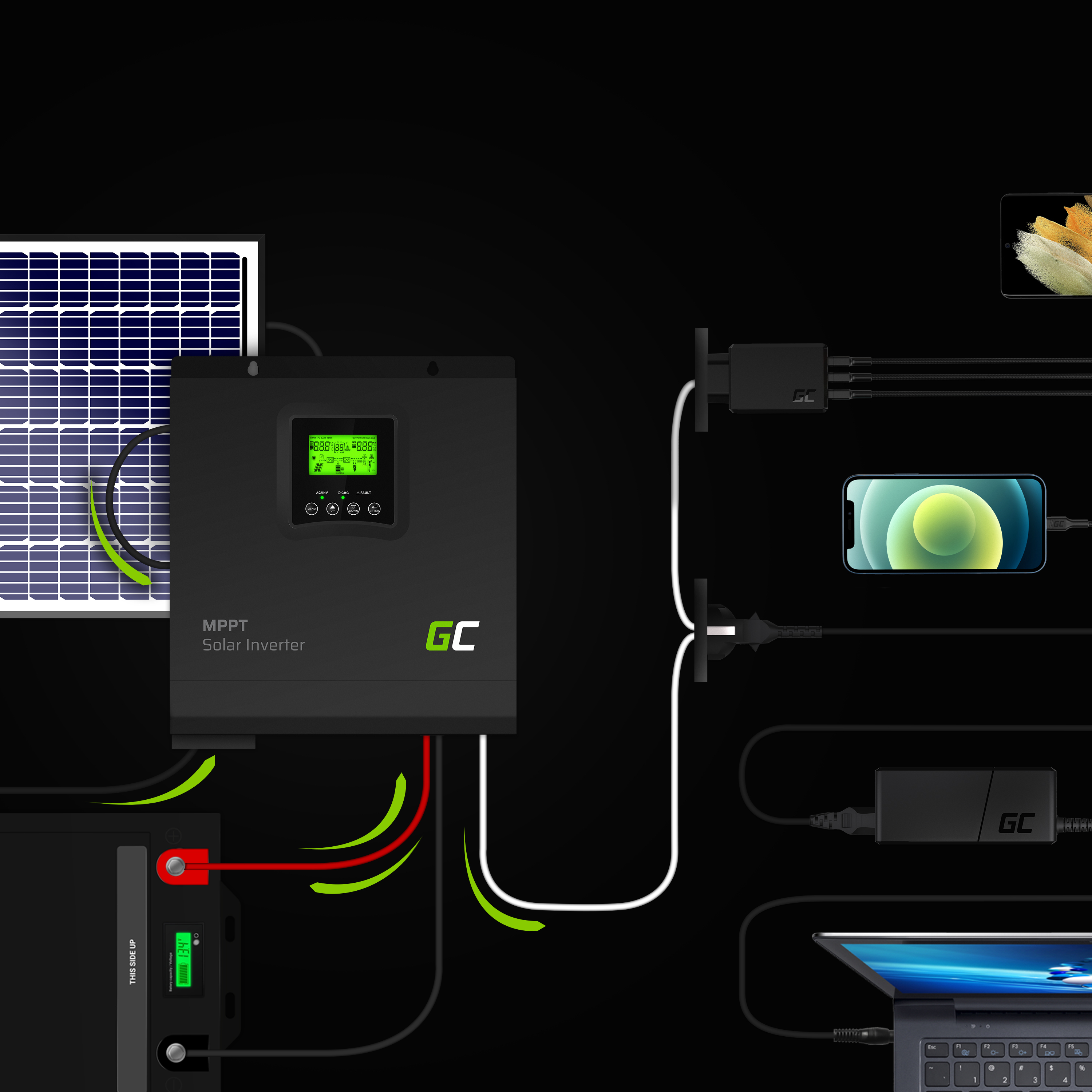 Solární měnič napětí Off Grid Inverter se solární nabíječkou MPPT Green Cell 12VDC 230VAC 1000VA / 1000W Čistý sinus