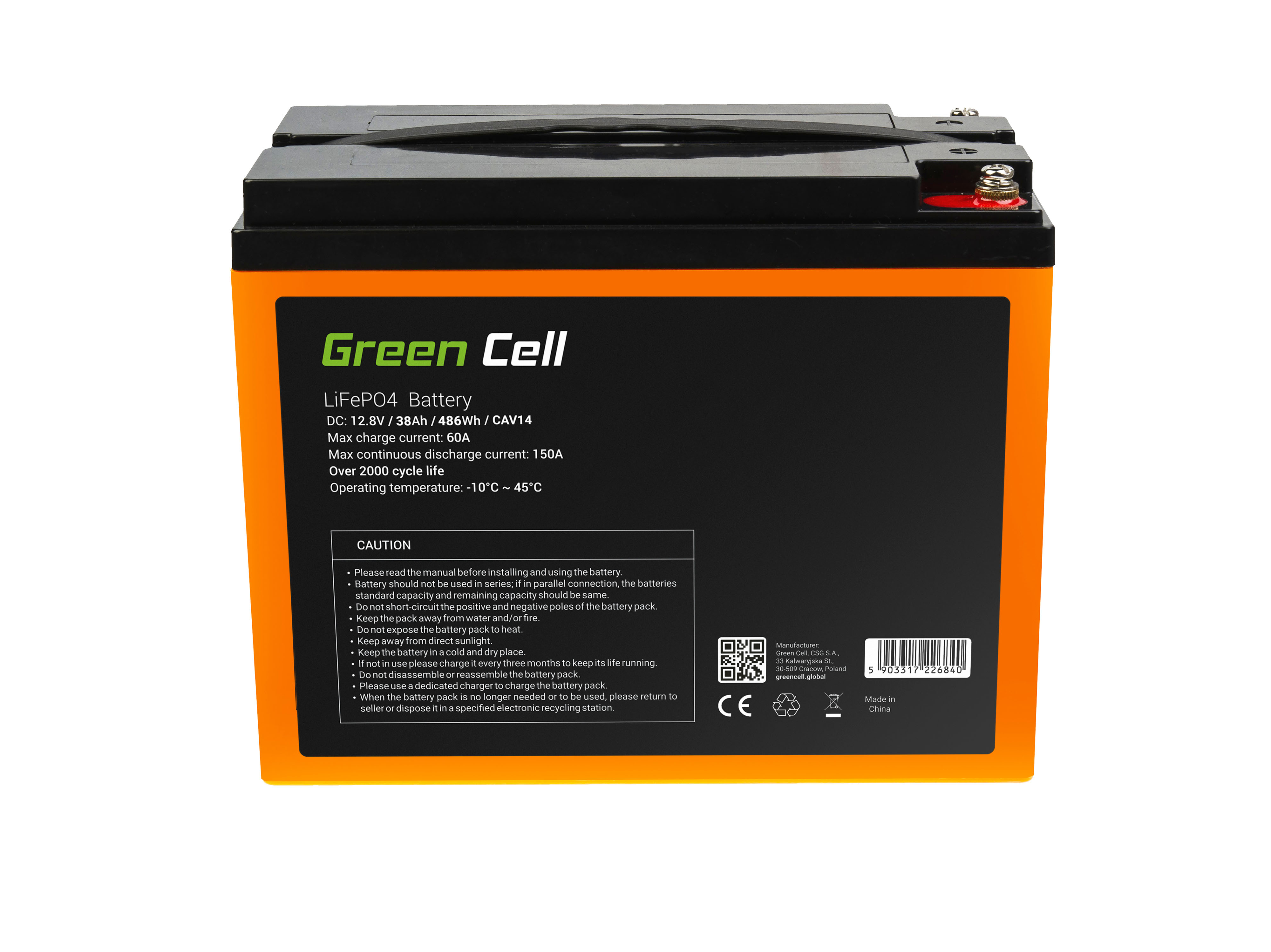 Baterie Green Cell Lithium-železo-fosfátová LiFePO4 baterie 12V 38Ah + nabíječka 8A pro solární panely, obytné automobily a lodě