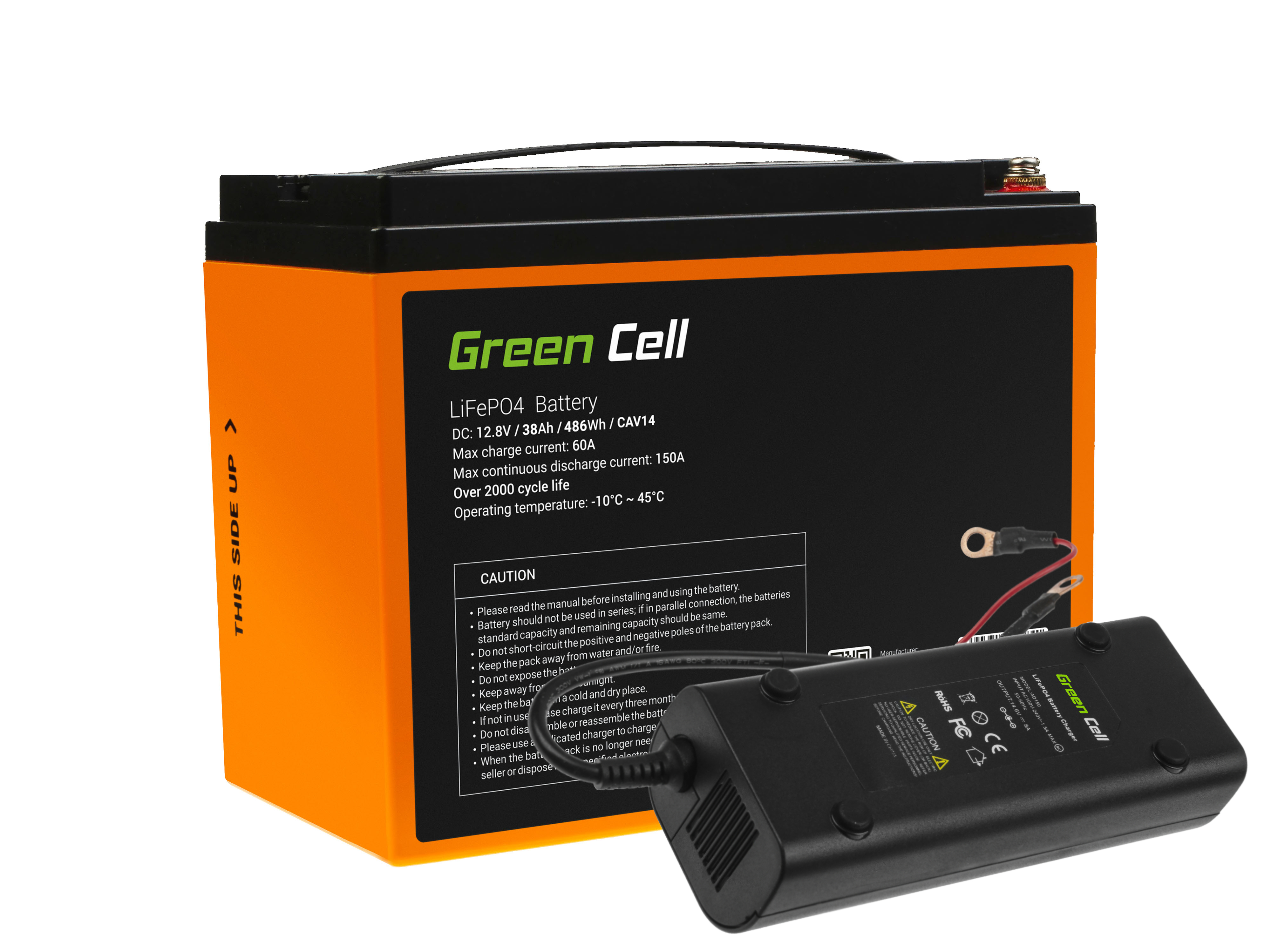 Baterie Green Cell Lithium-železo-fosfátová LiFePO4 baterie 12V 38Ah + nabíječka 8A pro solární panely, obytné automobily a lodě