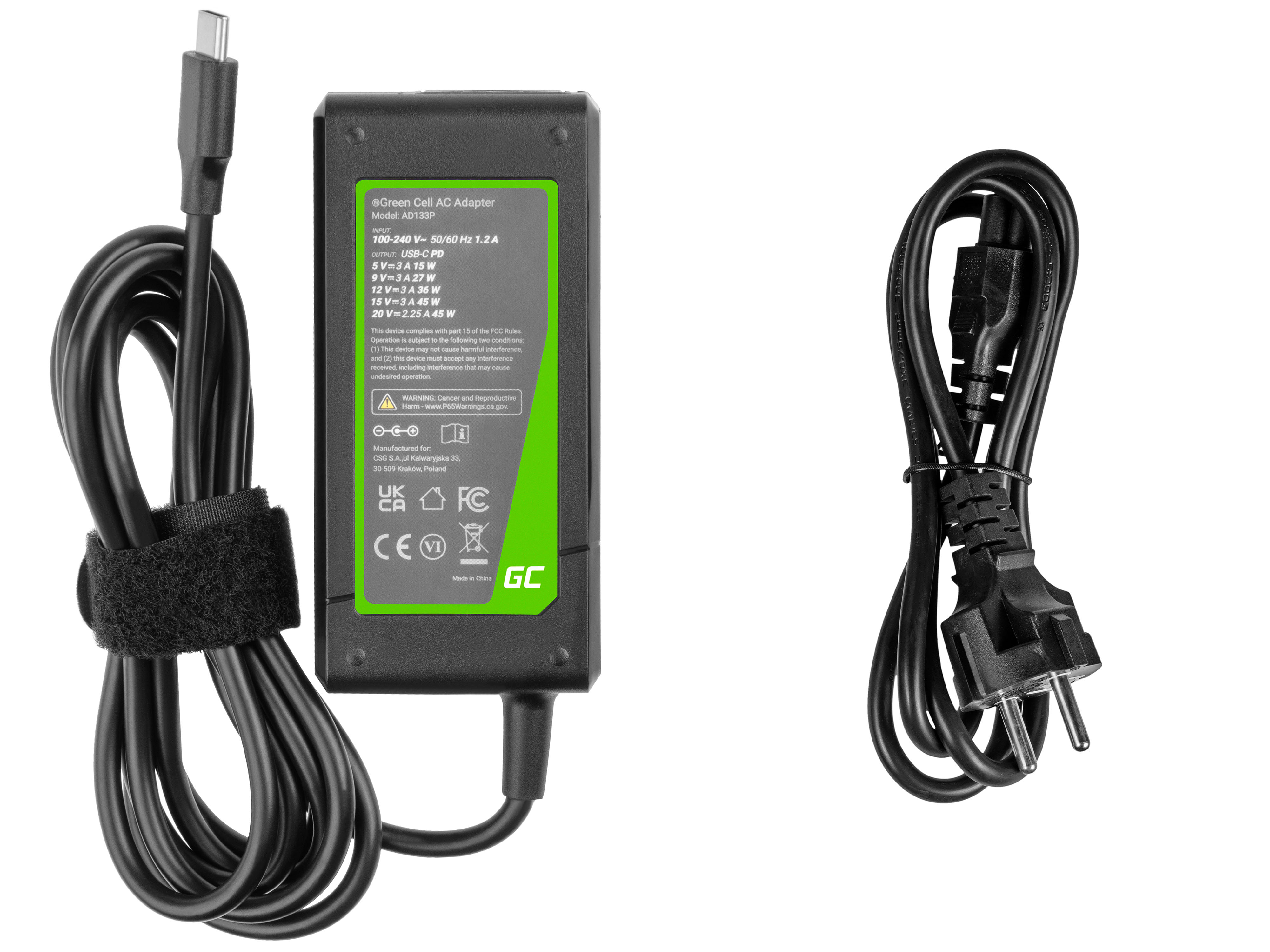 *Green Cell AD133P Nabíječka adaptér USB-C 45W pro notebooky, mobilní telefony, tablety a jiná zařizení USB-C