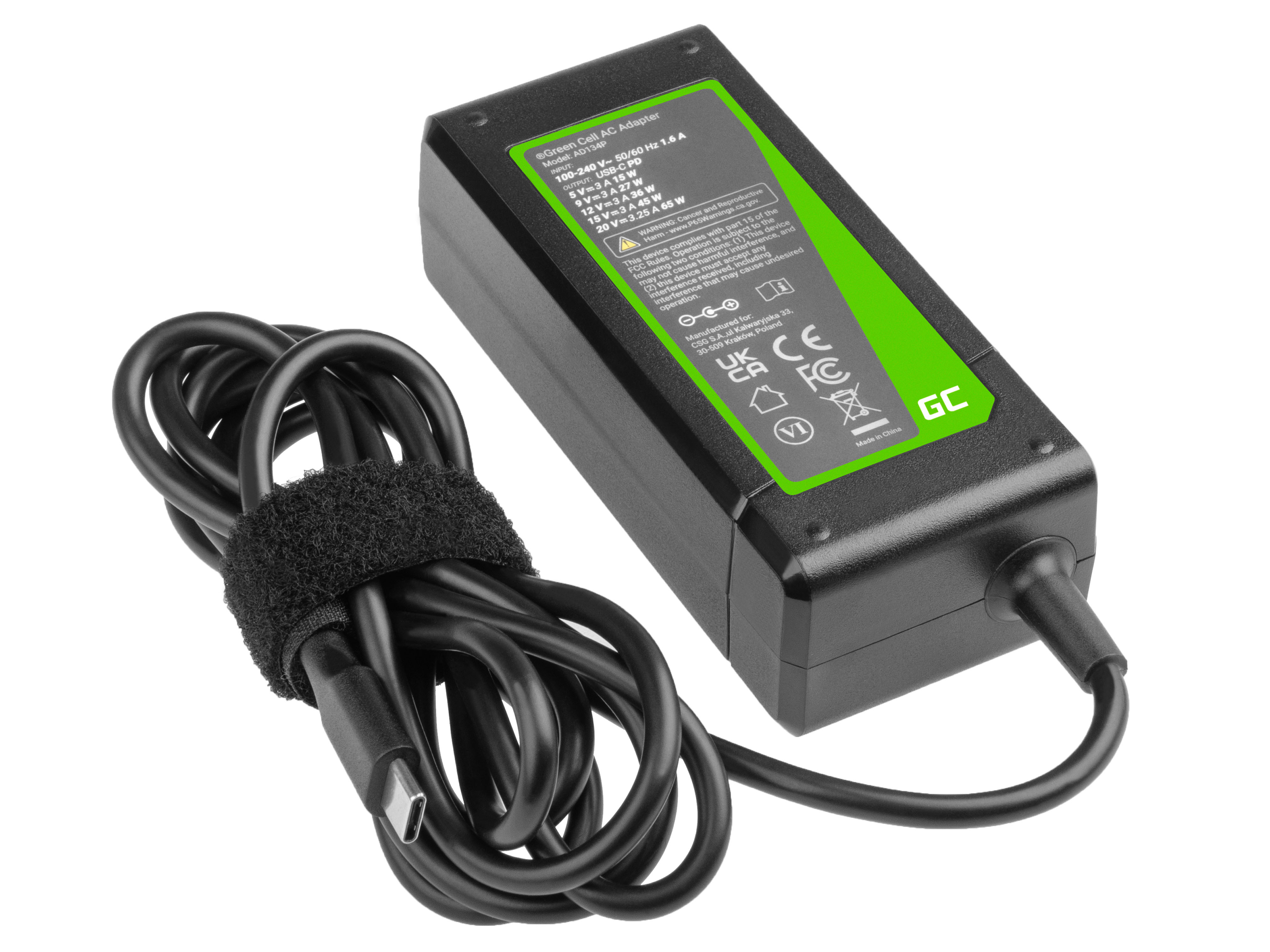 *Green Cell AD134P Nabíječka adaptér USB-C 65W pro notebooky, mobilní telefony, tablety a jiná zařizení USB-C