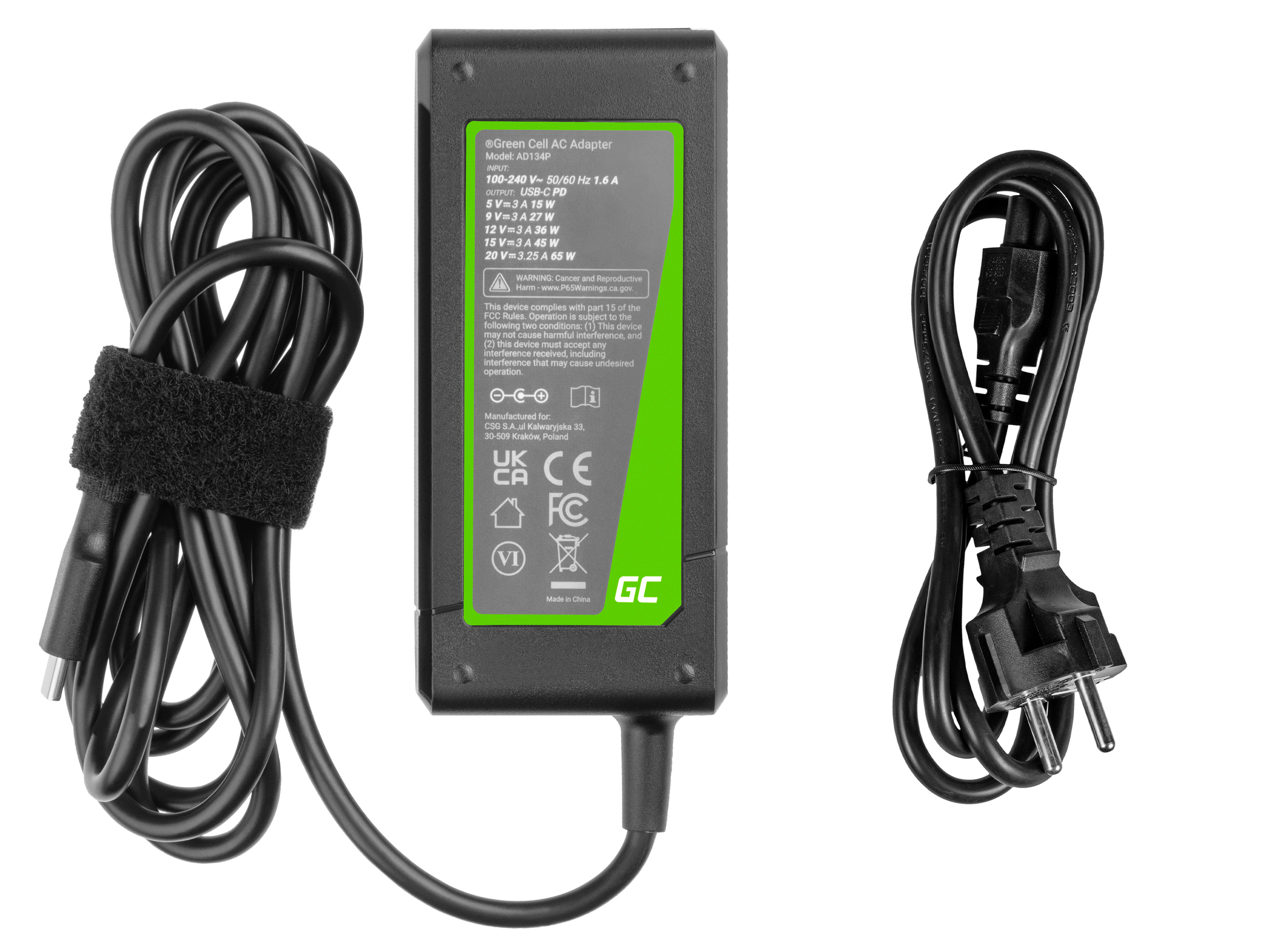 Green Cell AD134P Nabíječka adaptér USB-C 65W pro notebooky, mobilní telefony, tablety a jiná zařizení USB-C