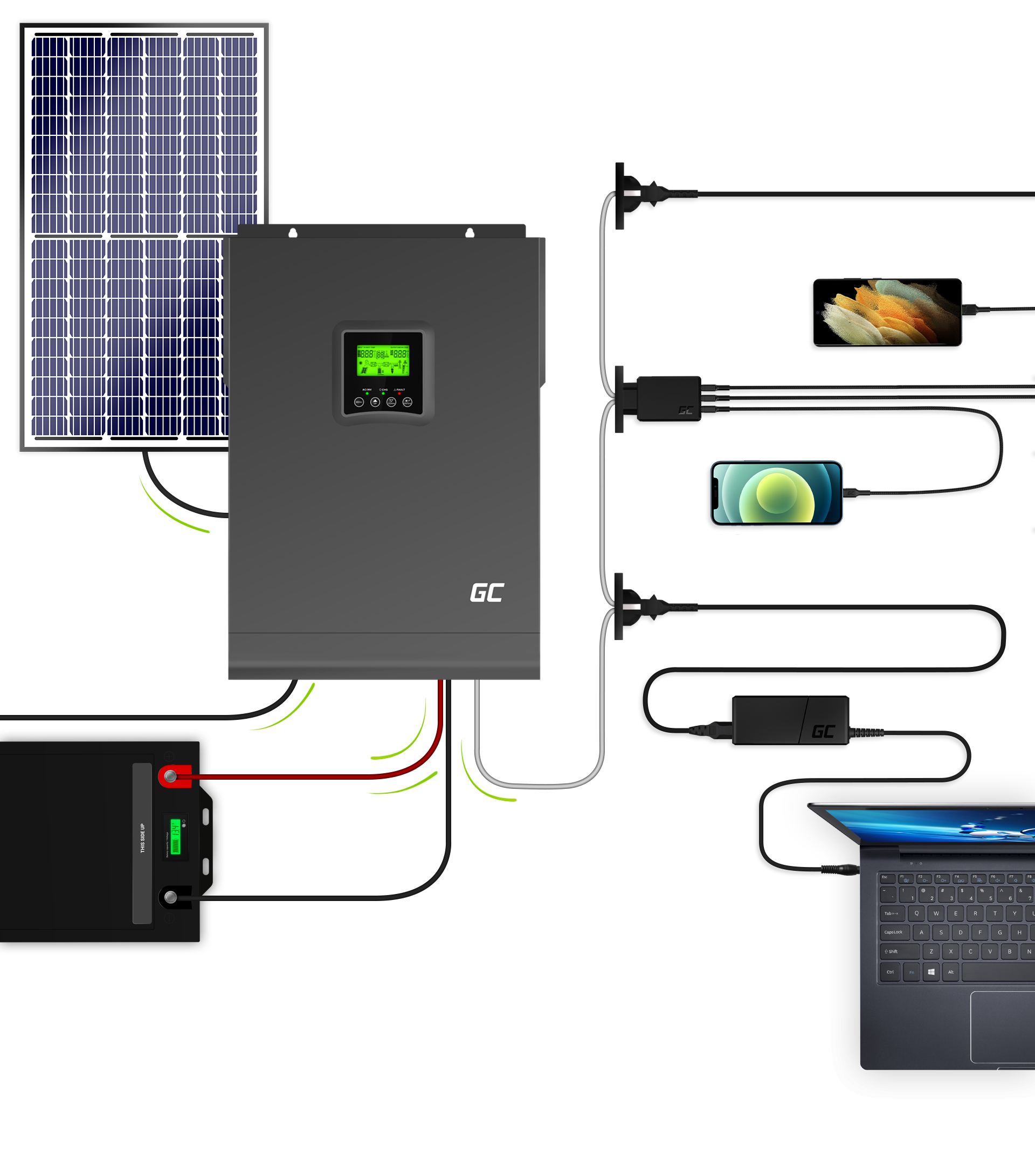 Solární měnič napětí Off Grid Inverter se solární nabíječkou MPPT Green Cell 48VDC 230VAC 3000VA/3000W Čistý sinus
